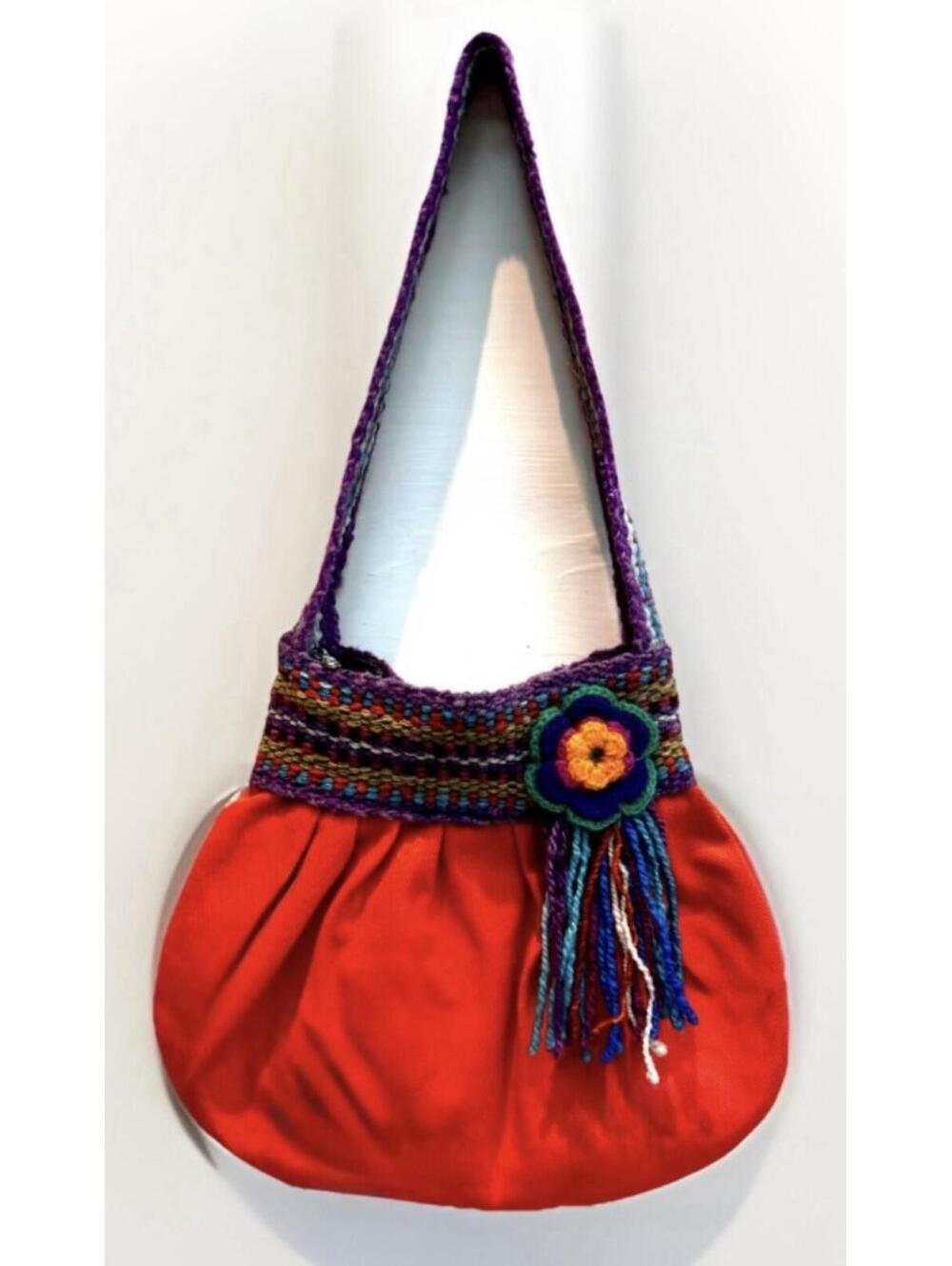 Handmade Peruvian Boho Bag Made From Alpaca Wool & Cotton In Tangerine